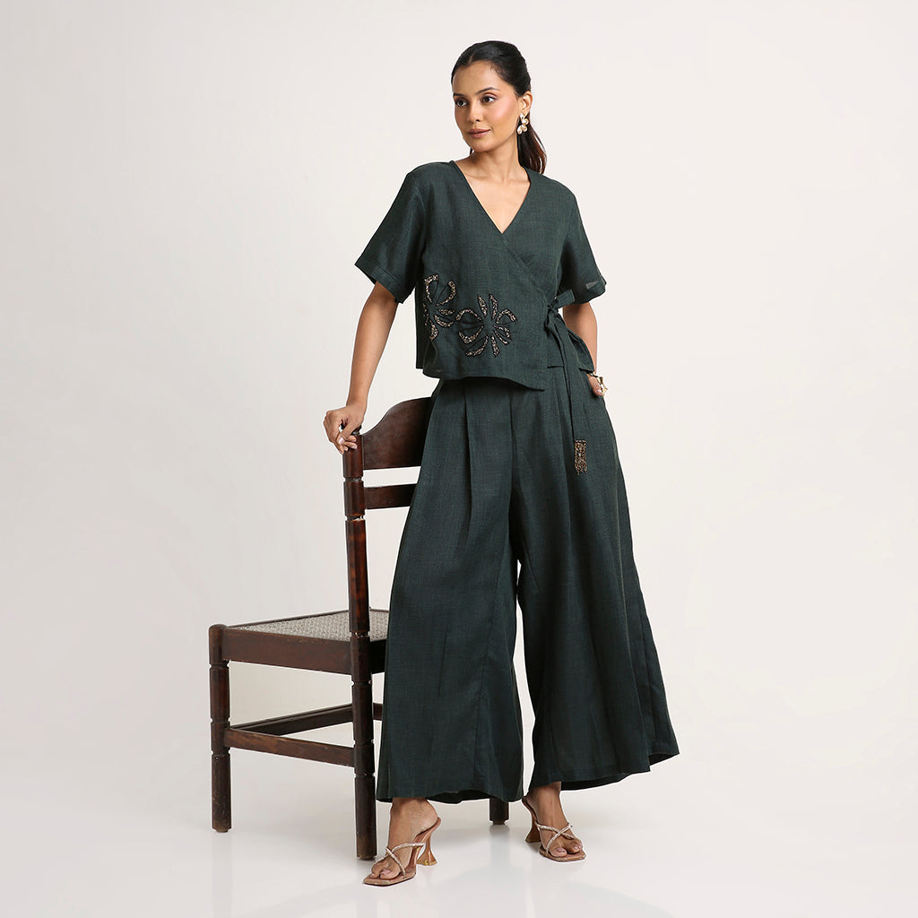 Cotton Co-ord Set with Overlap Tie-Up Top and Pleated Palazzo