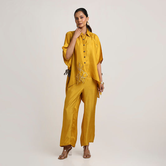 Self Jacquard Poncho Co-ord Set with Organza Floral Motifs