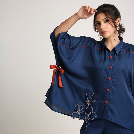 Self Jacquard Poncho Co-ord Set with Organza Floral Motifs
