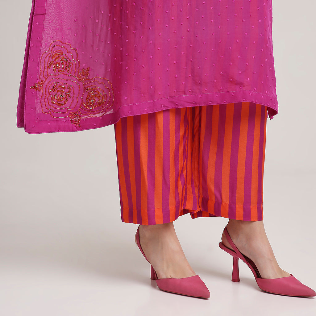 Viscose Organza Poncho Kurta Set with Striped Muslin
