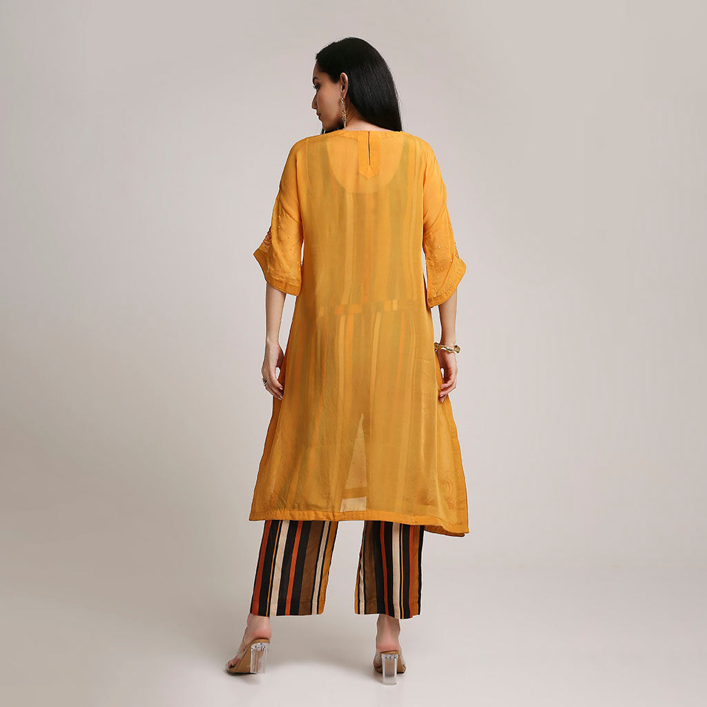 Viscose Organza Poncho Kurta Set with Striped Muslin