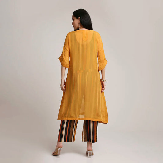 Viscose Organza Poncho Kurta Set with Striped Muslin