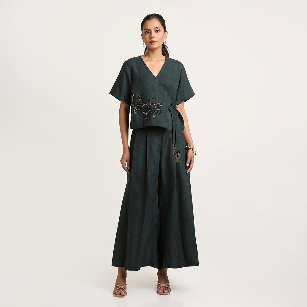 Cotton Co-ord Set with Overlap Tie-Up Top and Pleated Palazzo