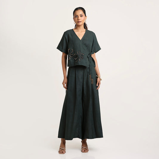 Cotton Co-ord Set with Overlap Tie-Up Top and Pleated Palazzo