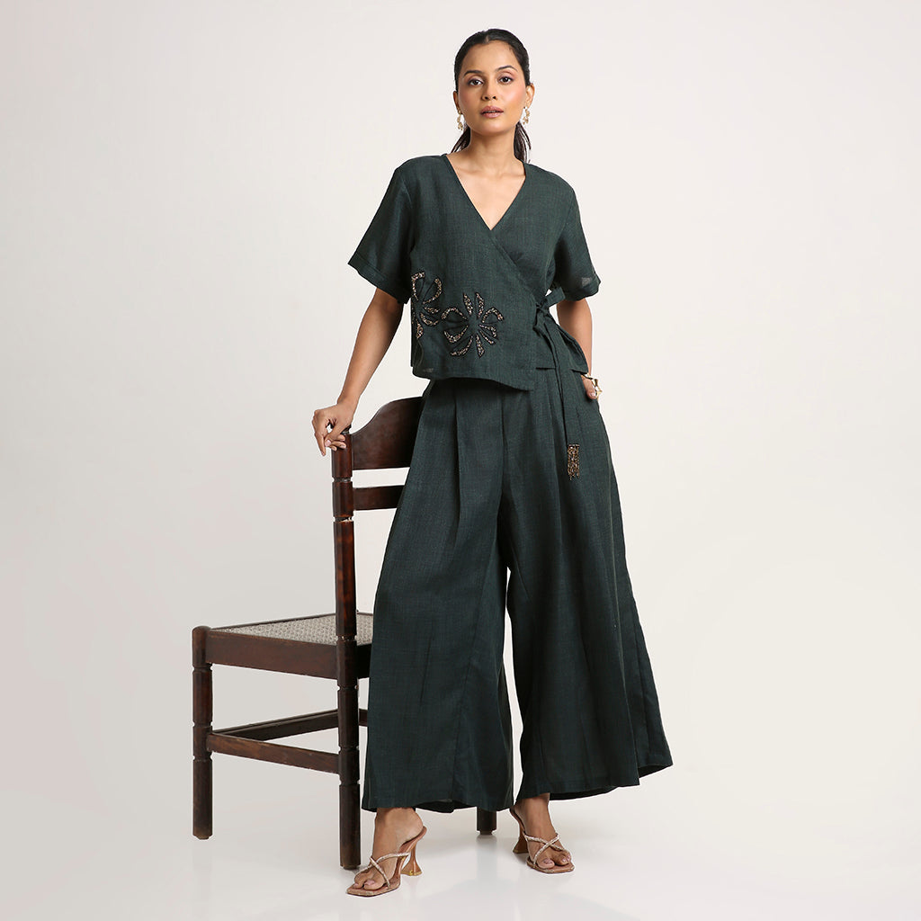 Cotton Co-ord Set with Overlap Tie-Up Top and Pleated Palazzo