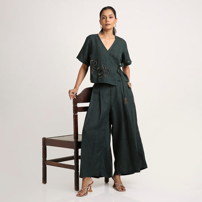 Cotton Co-ord Set with Overlap Tie-Up Top and Pleated Palazzo