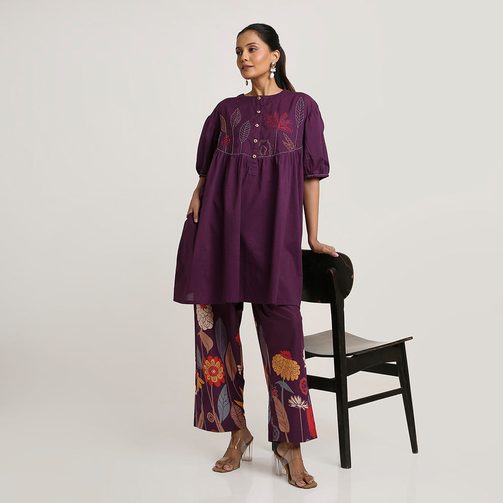 Cotton Short Kurta Set with Printed Pants