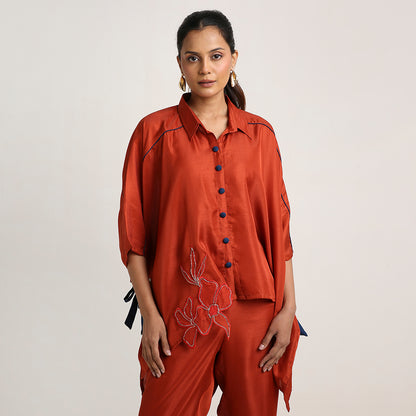 Self Jacquard Poncho Co-ord Set with Organza Floral Motifs