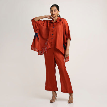 Self Jacquard Poncho Co-ord Set with Organza Floral Motifs