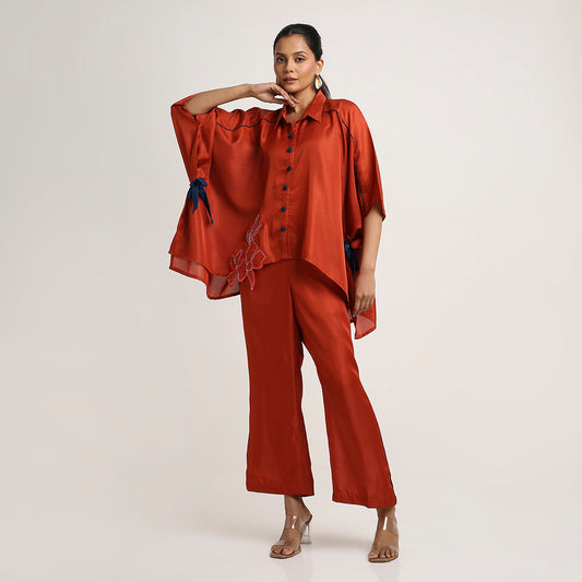 Self Jacquard Poncho Co-ord Set with Organza Floral Motifs
