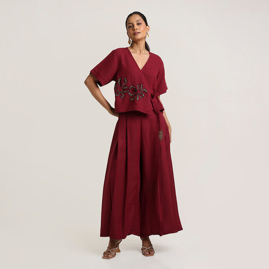 Cotton Co-ord Set with Overlap Tie-Up Top and Pleated Palazzo