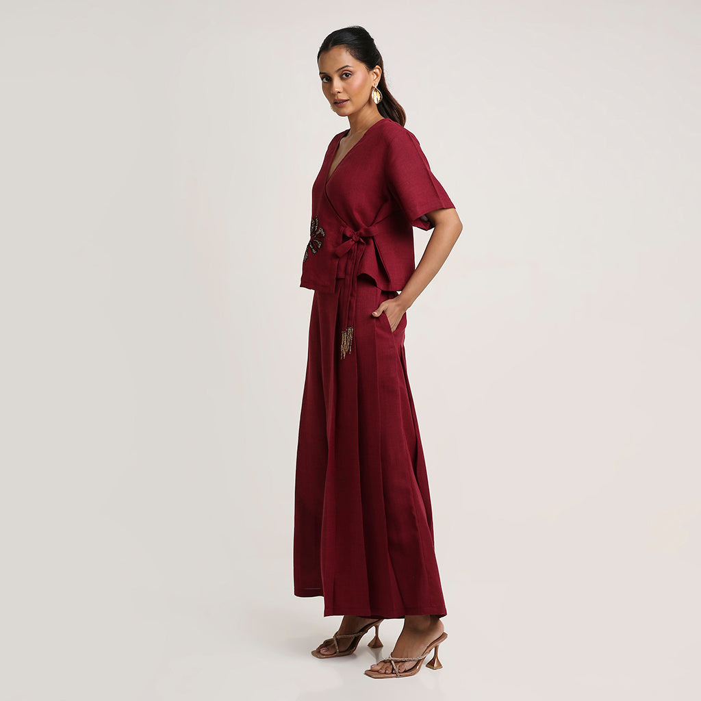Cotton Co-ord Set with Overlap Tie-Up Top and Pleated Palazzo