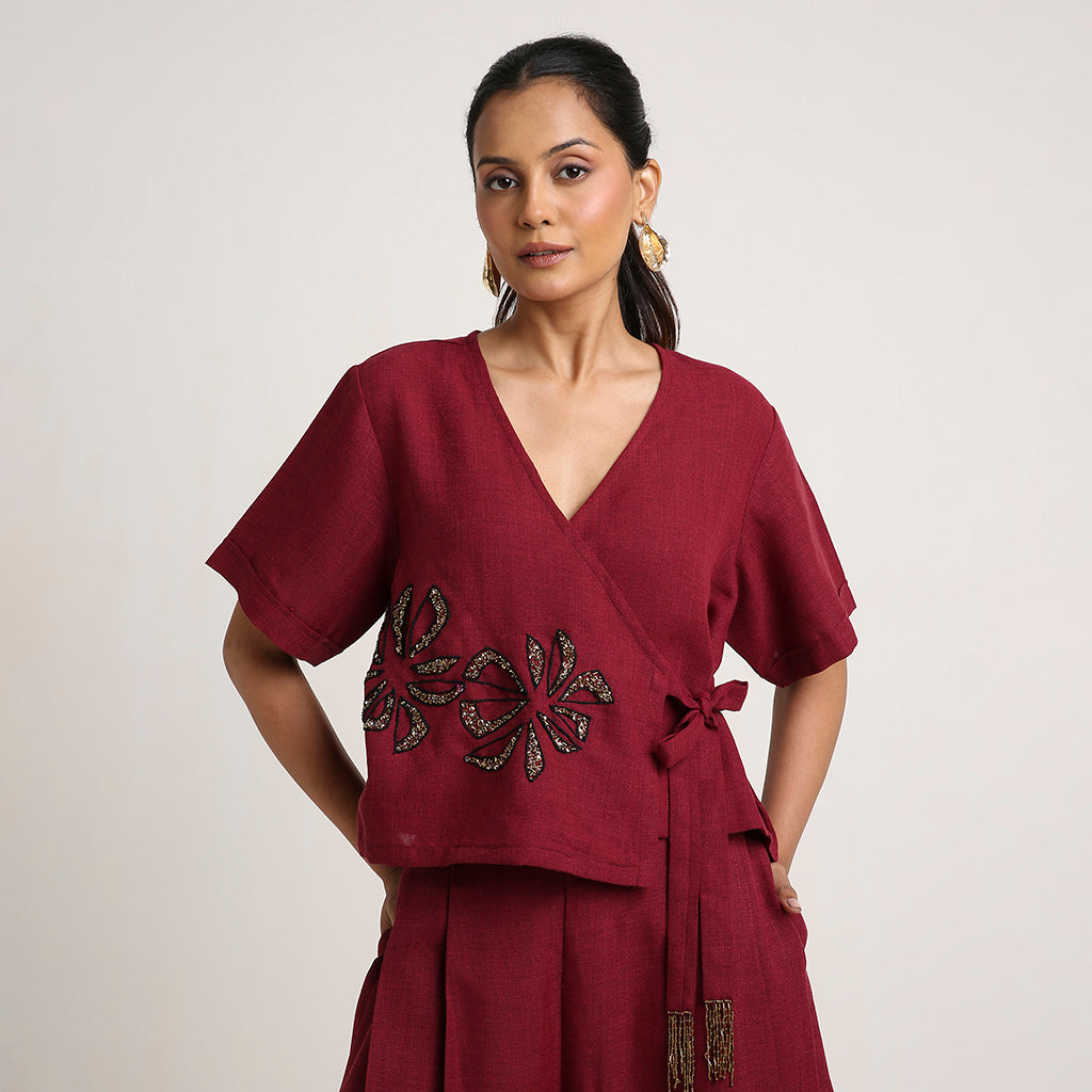 Cotton Co-ord Set with Overlap Tie-Up Top and Pleated Palazzo