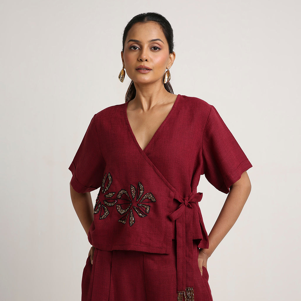 Cotton Co-ord Set with Overlap Tie-Up Top and Pleated Palazzo