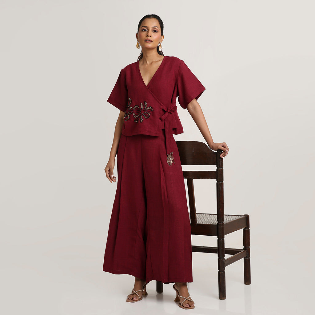 Cotton Co-ord Set with Overlap Tie-Up Top and Pleated Palazzo
