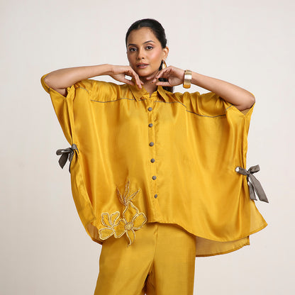 Self Jacquard Poncho Co-ord Set with Organza Floral Motifs