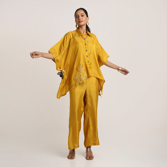 Self Jacquard Poncho Co-ord Set with Organza Floral Motifs