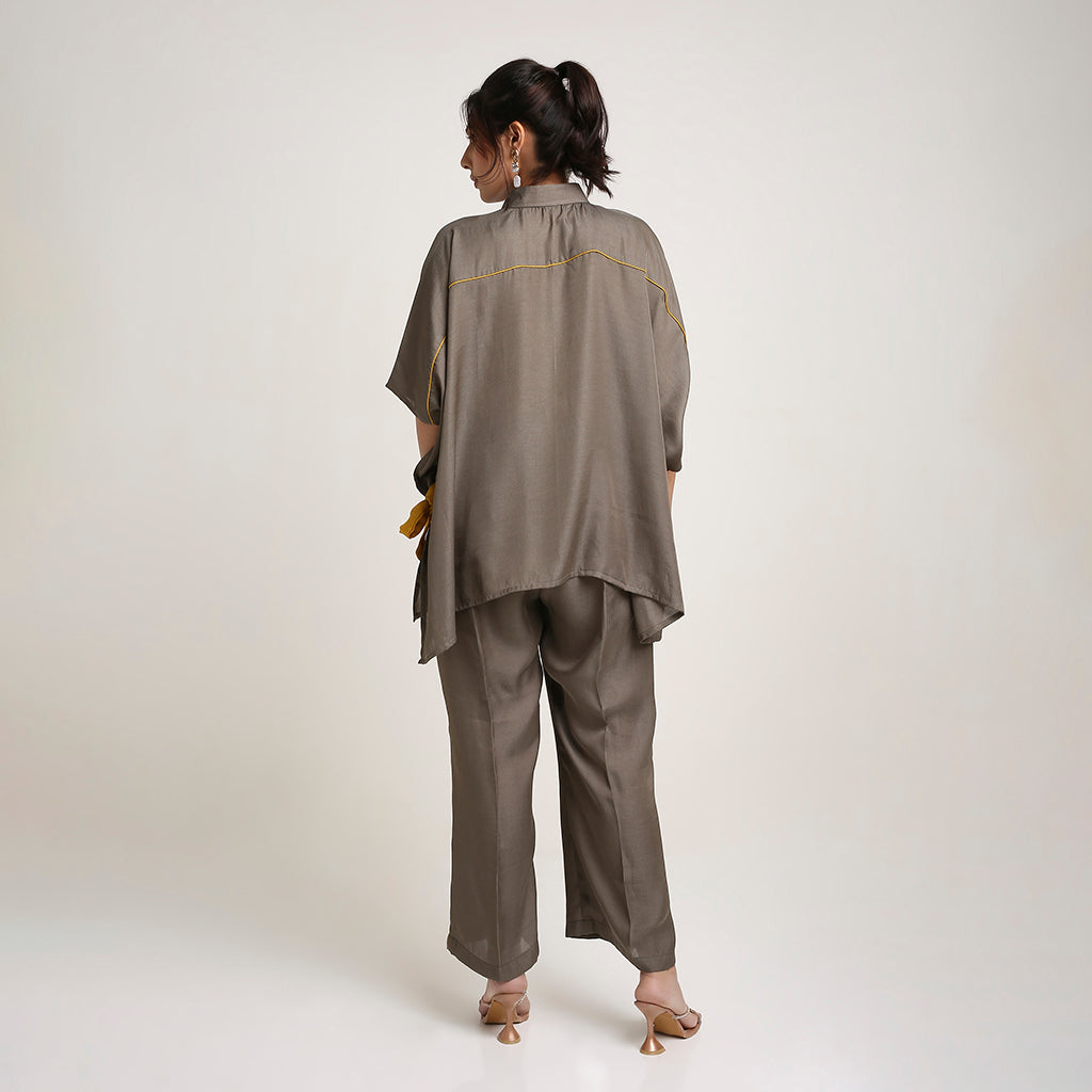 Self Jacquard Poncho Co-ord Set with Organza Floral Motifs