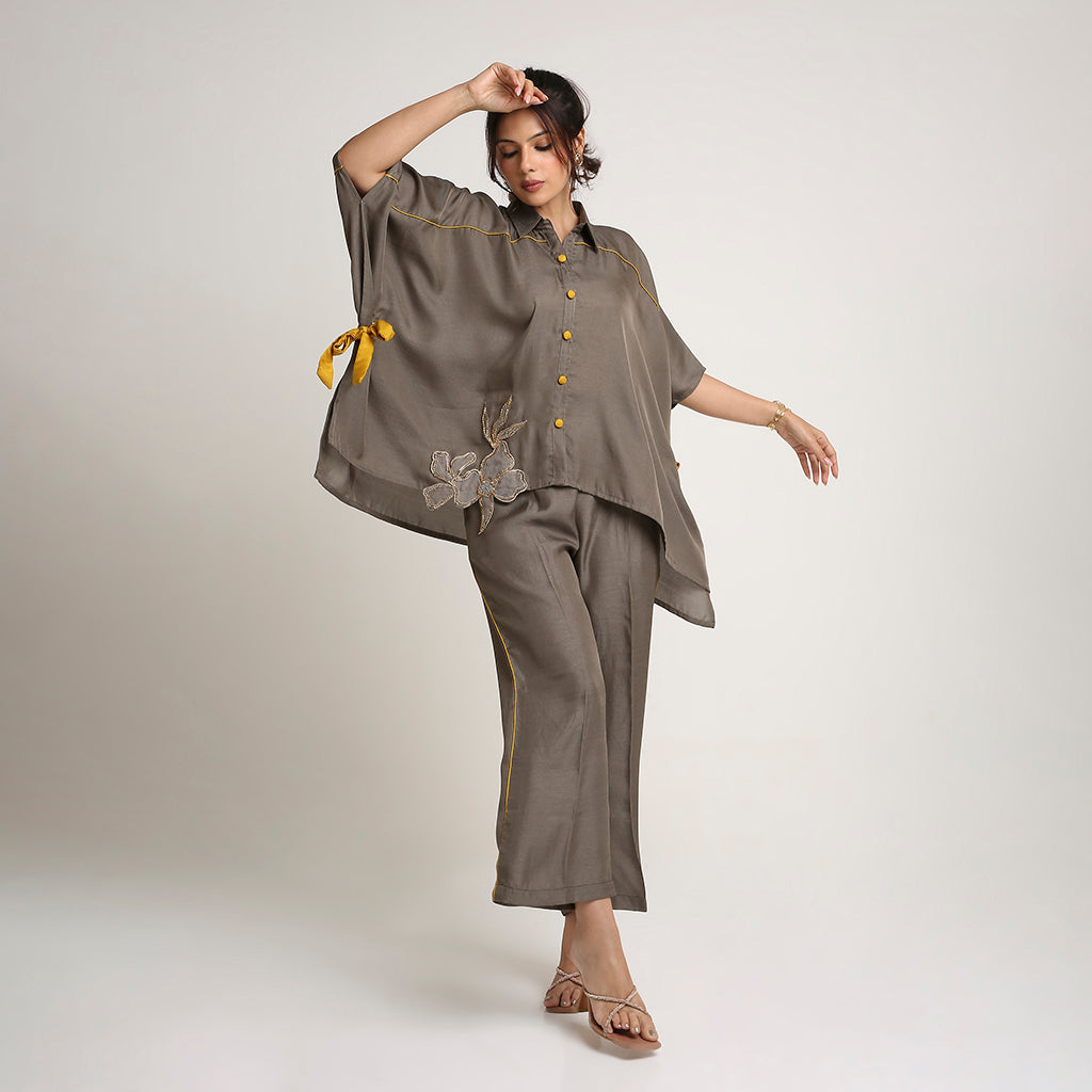 Self Jacquard Poncho Co-ord Set with Organza Floral Motifs