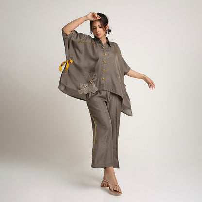 Self Jacquard Poncho Co-ord Set with Organza Floral Motifs