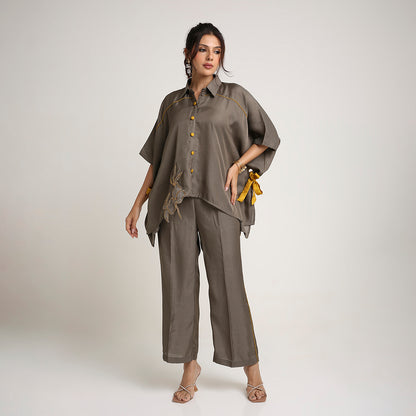 Self Jacquard Poncho Co-ord Set with Organza Floral Motifs