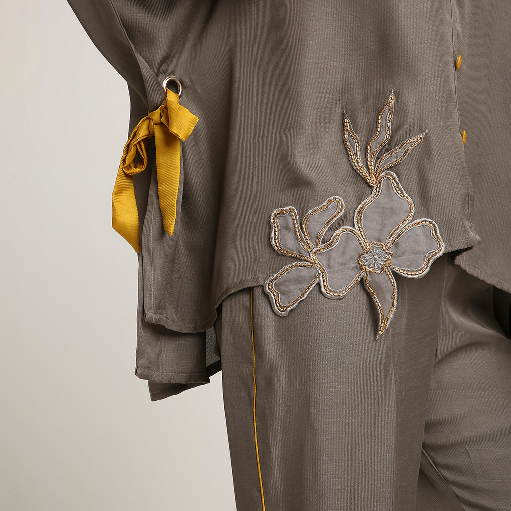 Self Jacquard Poncho Co-ord Set with Organza Floral Motifs