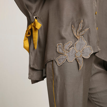 Self Jacquard Poncho Co-ord Set with Organza Floral Motifs