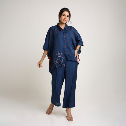 Self Jacquard Poncho Co-ord Set with Organza Floral Motifs