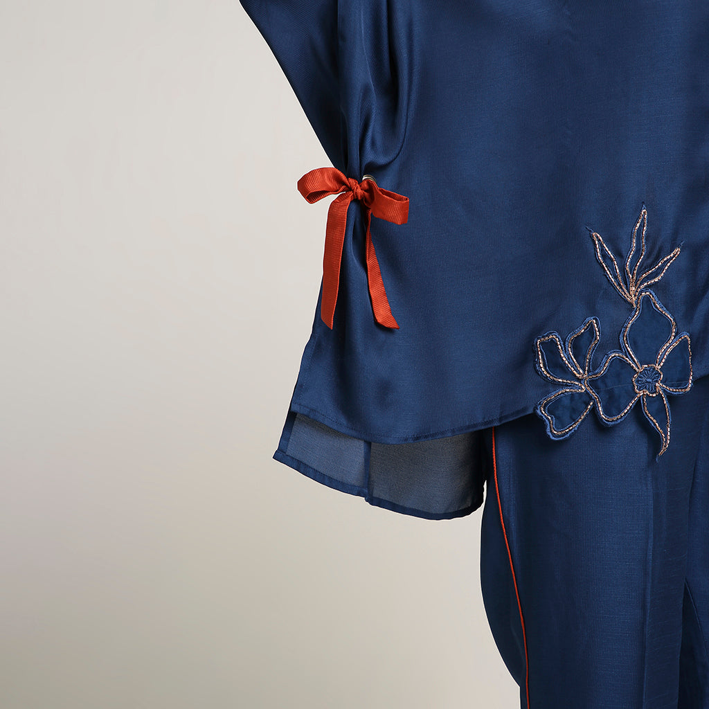 Self Jacquard Poncho Co-ord Set with Organza Floral Motifs