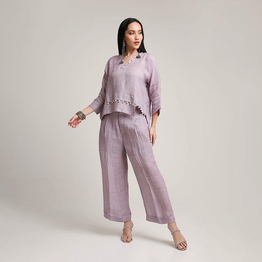Gauze Linen Co-ord Set with Pearl Detailing