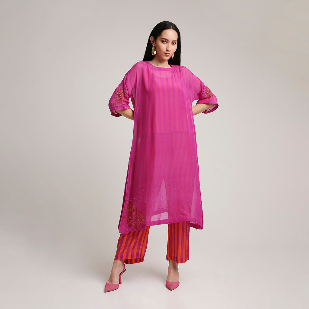 Viscose Organza Poncho Kurta Set with Striped Muslin