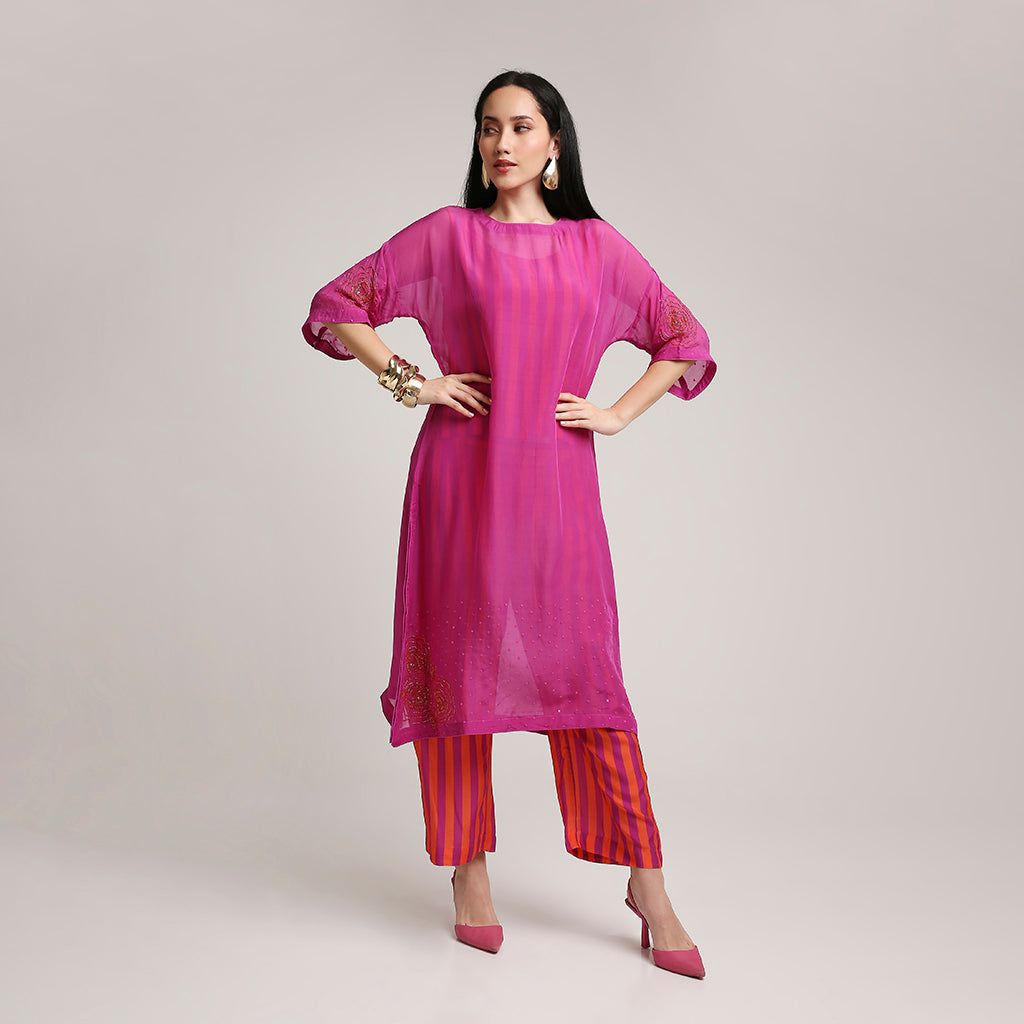 Viscose Organza Poncho Kurta Set with Striped Muslin