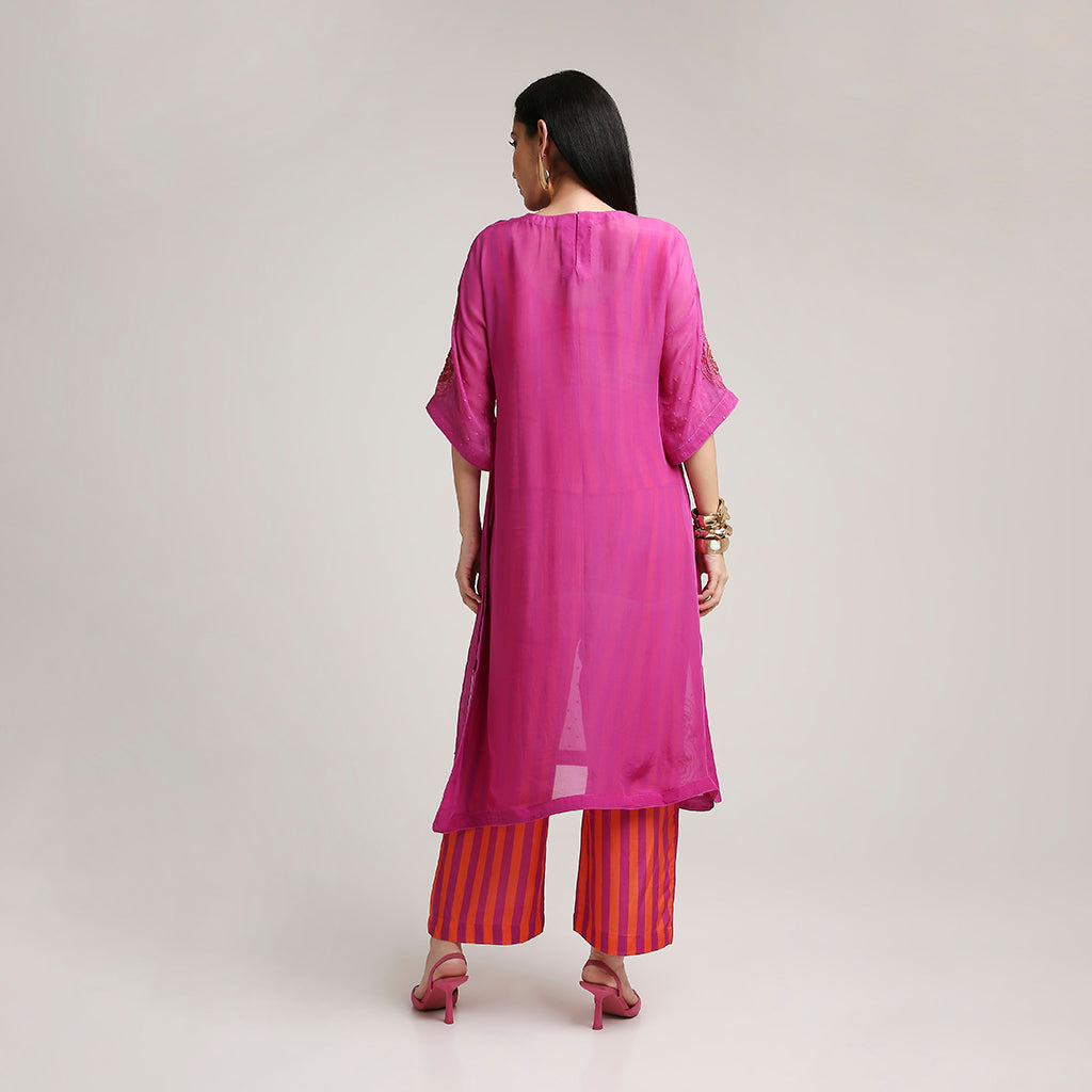 Viscose Organza Poncho Kurta Set with Striped Muslin