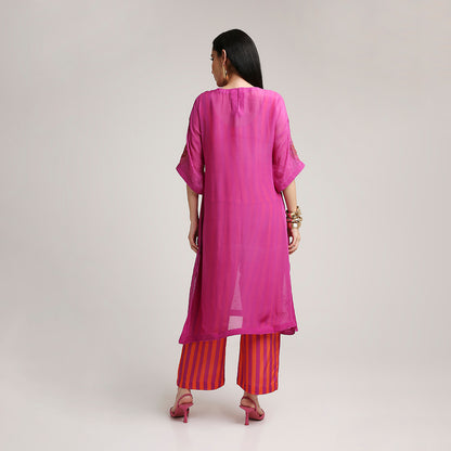 Viscose Organza Poncho Kurta Set with Striped Muslin