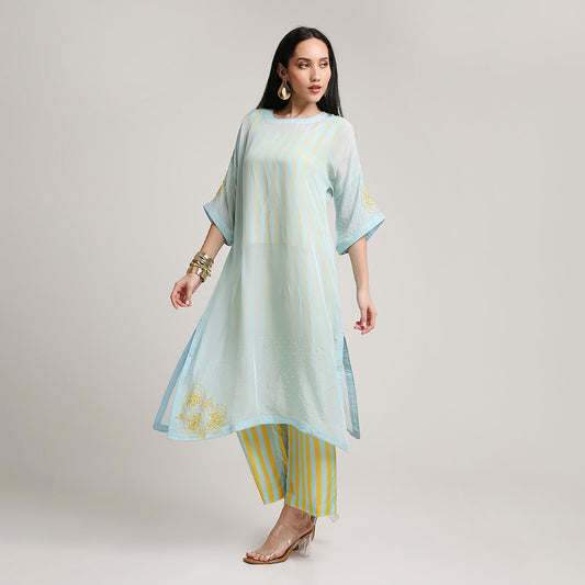 Viscose Organza Poncho Kurta Set with Striped Muslin