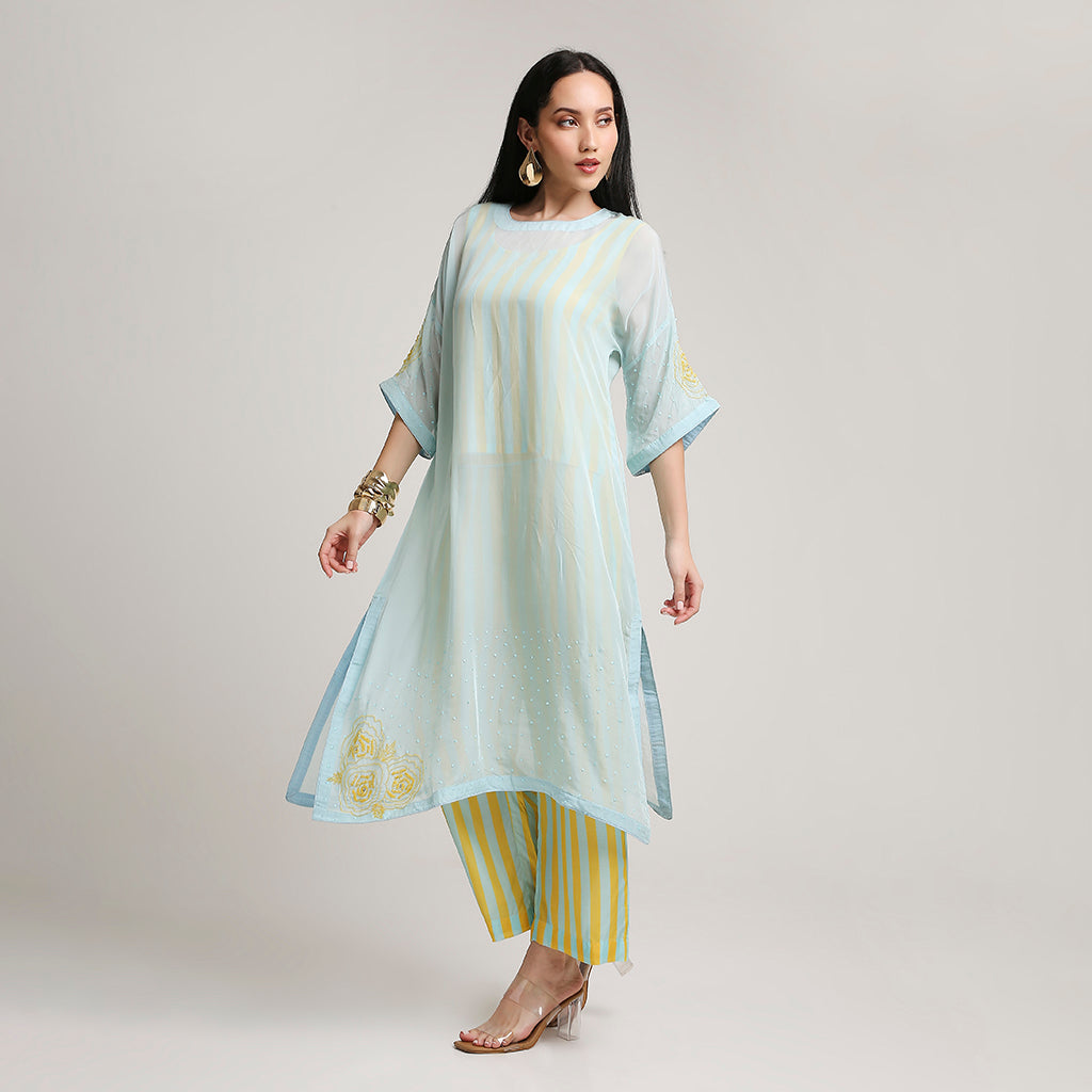 Viscose Organza Poncho Kurta Set with Striped Muslin