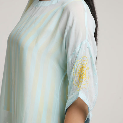 Viscose Organza Poncho Kurta Set with Striped Muslin