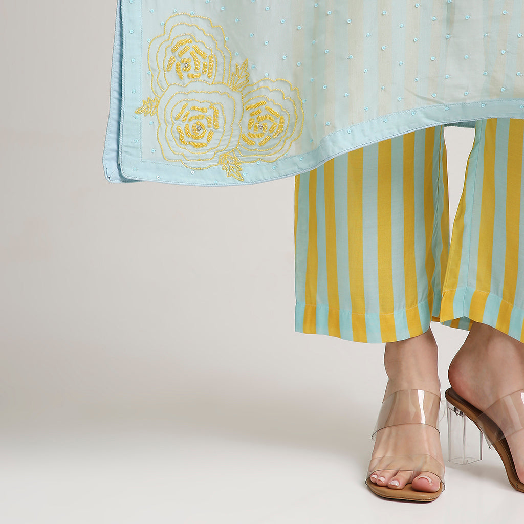 Viscose Organza Poncho Kurta Set with Striped Muslin