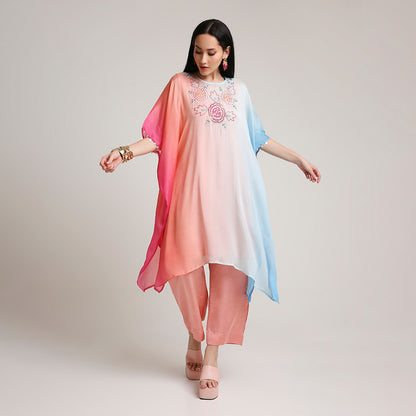Shaded Crepe Poncho with Silk Pants
