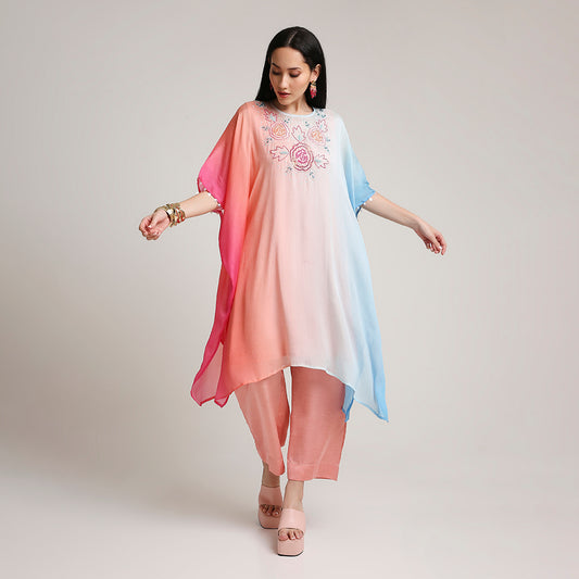 Shaded Crepe Poncho with Silk Pants