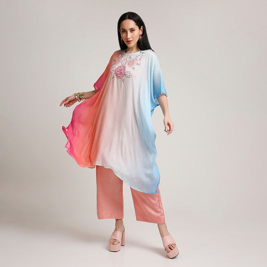 Shaded Crepe Poncho with Silk Pants