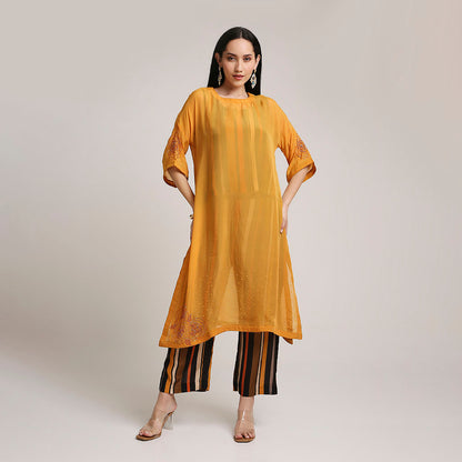 Viscose Organza Poncho Kurta Set with Striped Muslin