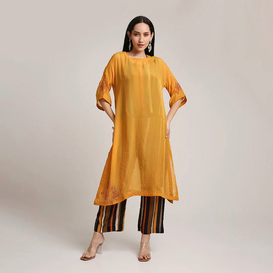 Viscose Organza Poncho Kurta Set with Striped Muslin