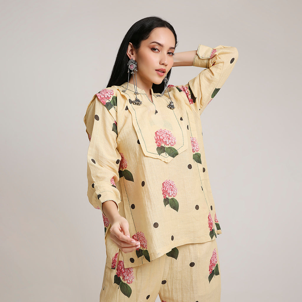 Linen Printed Co-ord Set with Polka & Floral Motifs